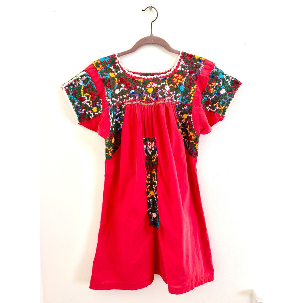 Vintage 70s S/M Oaxacan Mexican Red Mini Hand Embroidered Dress Boho Folk